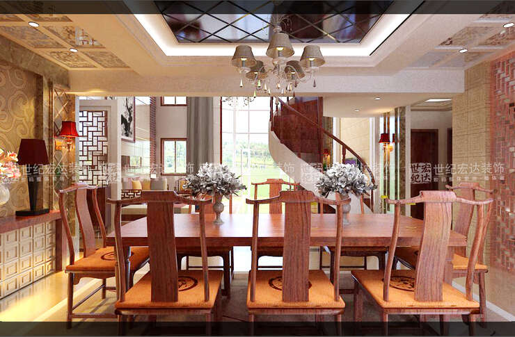 餐厅吊顶设计黑色烤漆玻璃菱形拼花，配上中式的餐椅，庄重又有变化