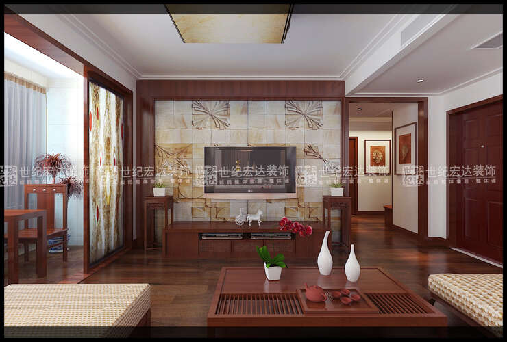 客厅视听墙在现代化的元素中加入仿古砖，稍微突出一点中式元素。