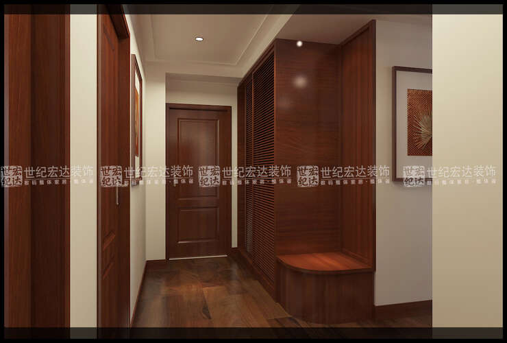 走廊的衣帽柜设计主要采用了百叶推拉门，穿衣镜，充分利用空间，功能最大化