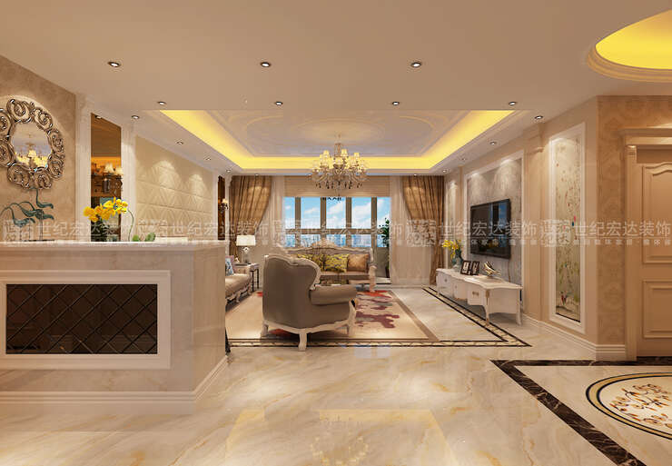 客厅以白色调为主，沙发采用灰色，缓解了白色，避免色彩单调，加上吧台修饰了空间，整体空间更加协调。