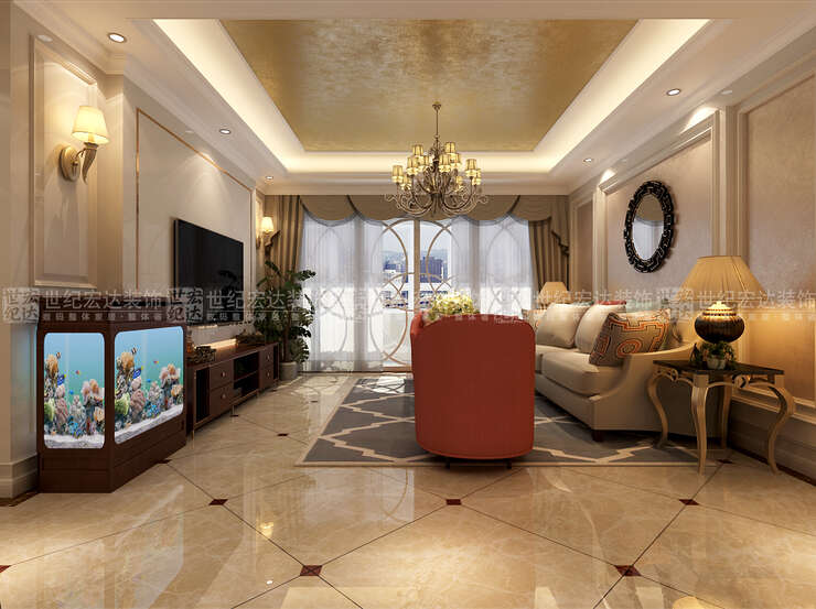 客厅整个空间被浪漫温馨的浅米黄笼罩，造型和而不同，吊顶采用银箔彰显低调奢华。