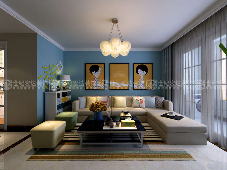沙发墙面采用淡蓝的乳胶漆，软装的搭配也是整个空间的色彩丰富起来的一个重要部分，墙上的装饰画、沙发地毯的色彩搭配，灵活了空间，优雅，宁静，不浮夸。
