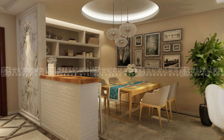 餐厅酒水架增加了收纳功能，造型简洁，和吧台相呼应。
