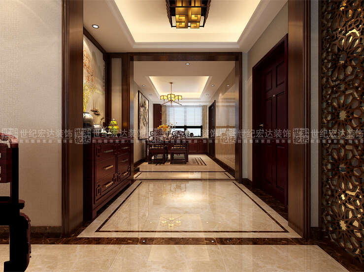 入户玄关，走廊和餐厅空间均采用地面串边来划分了区域。