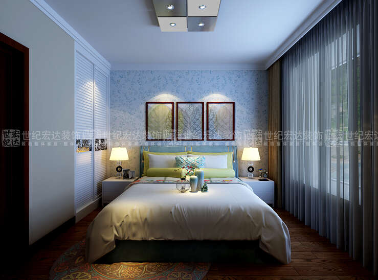 卧室设计较简洁，背景采用青花壁纸，给人清新的感觉，利于睡眠。