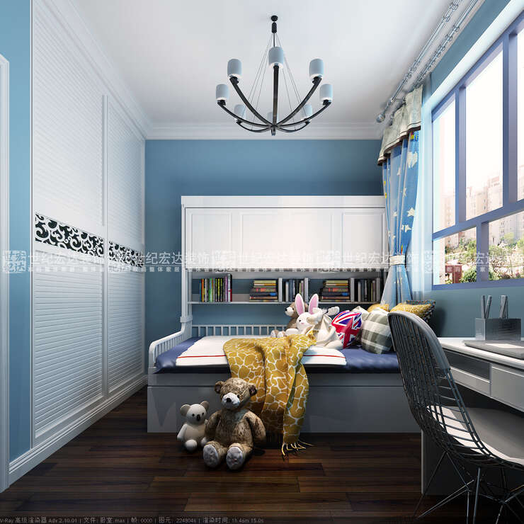 儿童房的墙面选择了孩子喜欢的天蓝色，搭配白色家具，既干净又整洁。