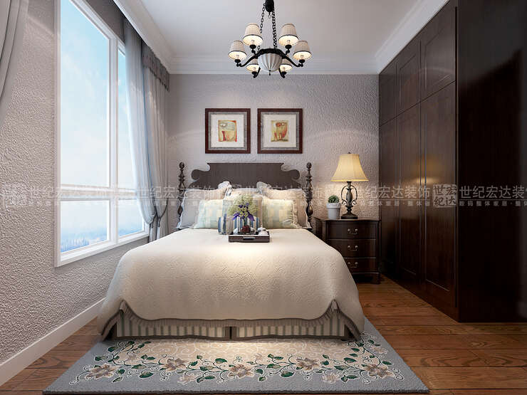 深色衣柜和灰色肌理墙面搭配古典造型床具，给人古拙的美感。