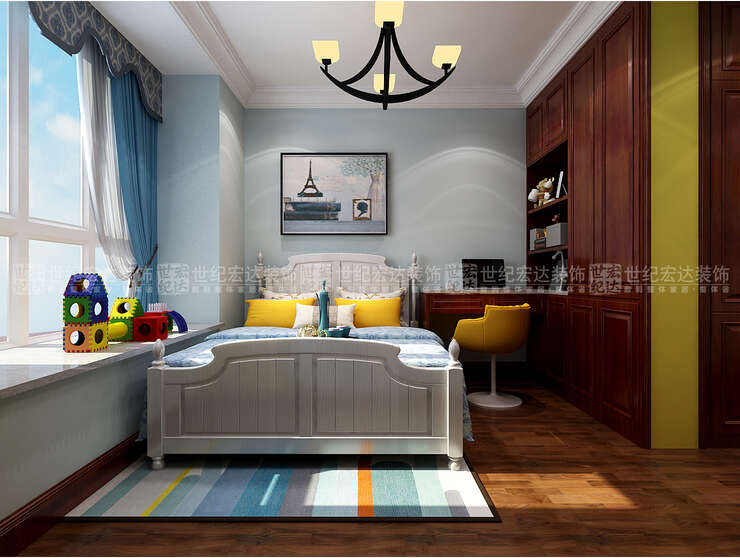 儿童房整体颜色选取以淡黄色 淡蓝色为主，通过颜色也划分了 小过廊和卧室的空间。