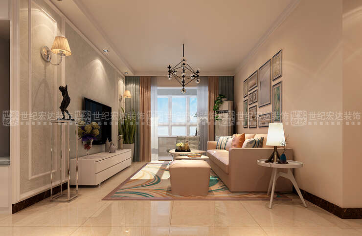 影视墙加出来的造型使得客厅的空间更为方正，彰显宽敞明亮的居住环境。