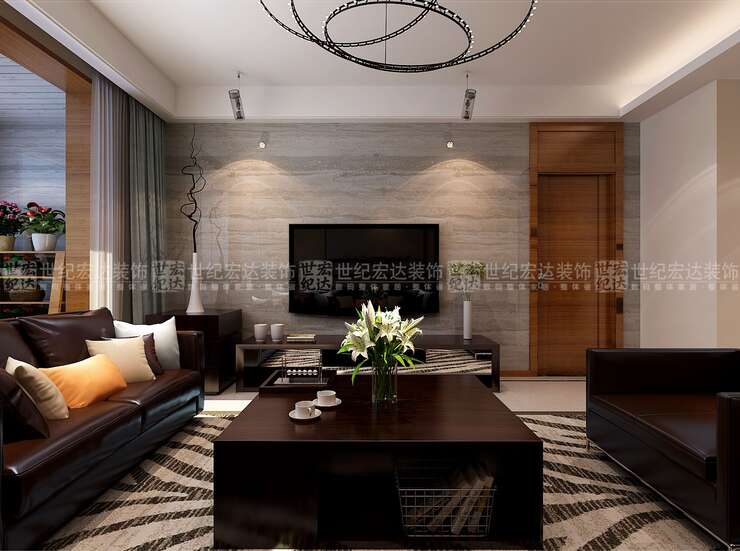 客厅影视墙采用灰色微晶石做为主调，配上深色家具，使空间更显和谐统一，简约的吊顶设计，是生活更显别。