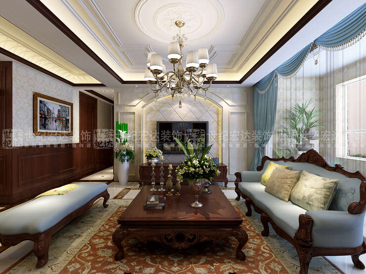 客厅的电视背景墙采用大理石定制造型，与灯光的结合，呈现皇室贵族般的品味
