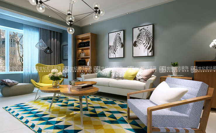 客厅沙发区域白色的沙发，灰色墙面，木质茶几和柜子，地毯大胆用色，增强了空间的视觉冲击
