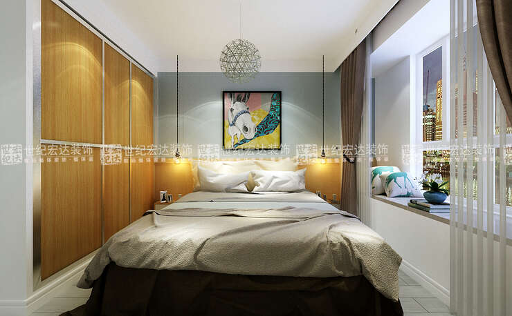 主卧室采用灰色调与木质想结合的搭配方式让空间更有质感