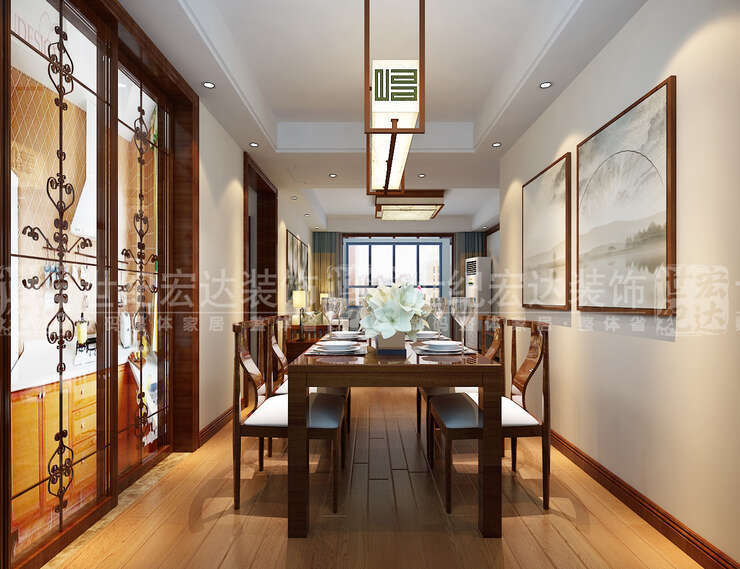 餐厅的设计简单大方，挂画点缀整个空间，实木餐桌椅使整个比较接近自然新切的感觉。