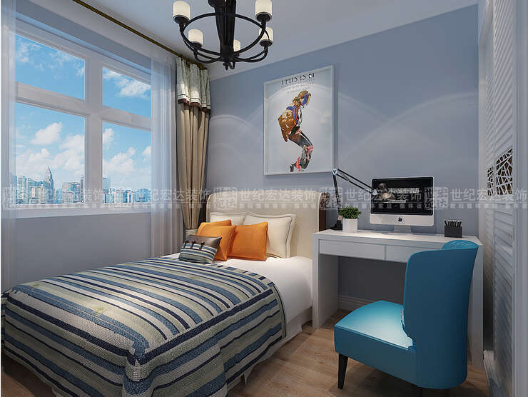 相对比主卧室而言，儿童房是比较小的空间，嵌入式的百叶衣柜再加上墙面蓝色乳胶漆使整个空间会更加舒适。