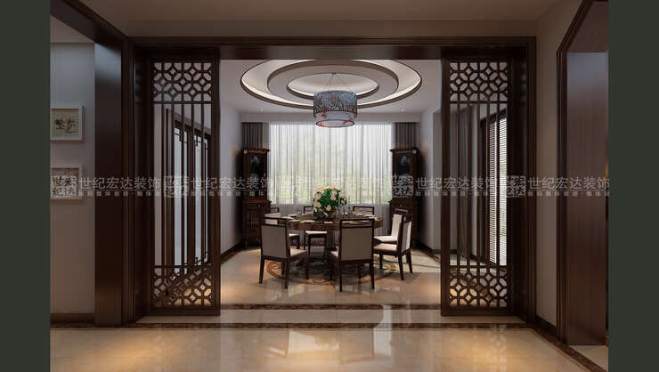 餐厅线条简洁，格调高雅，沉稳的拼花大理石地面凸显白色餐椅，与一角装饰壁柜交相辉映，美观实用，塑造了现代而有韵味的用餐空间。