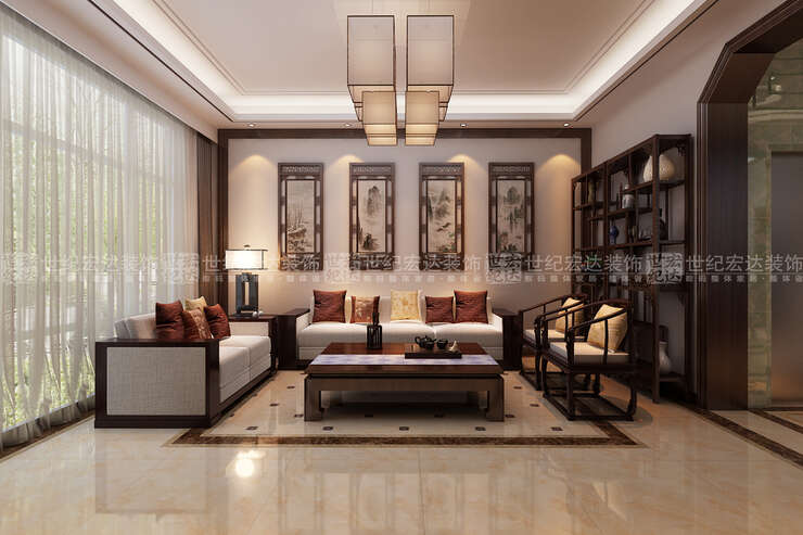 沙发背景墙饰以实木线条压边，颜色与家具颜色相呼应，整体和谐而统一。