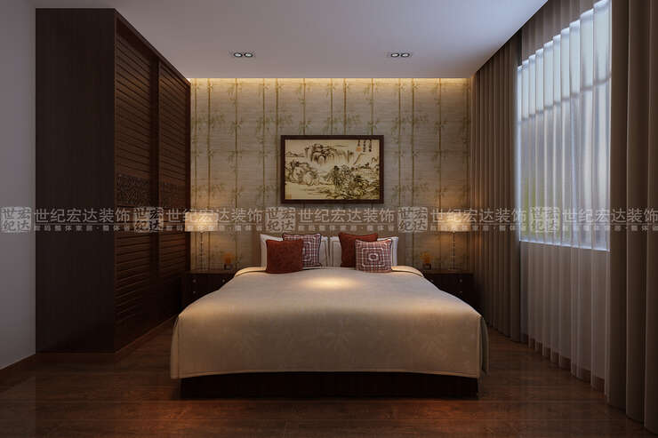 主卧室简约大方，床头背景墙采用中式壁纸，打破了白色墙面的单调性