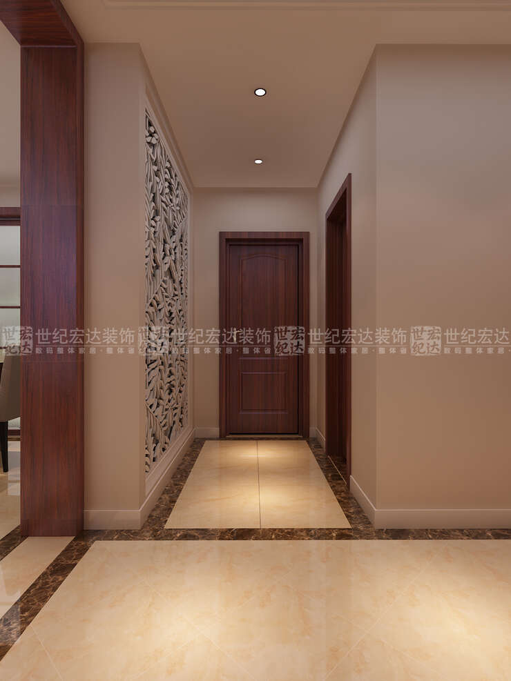 走廊采用简洁的吊顶，墙面采用现代雕花加灰镜，整个走廊生动。