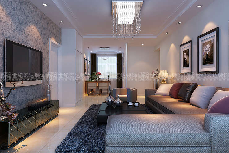 客厅以浅色为主色调，以浅色为主深色为辅。简洁的吊顶，布艺的灰色沙发，地面用米黄地砖让空间非常宽敞明亮。