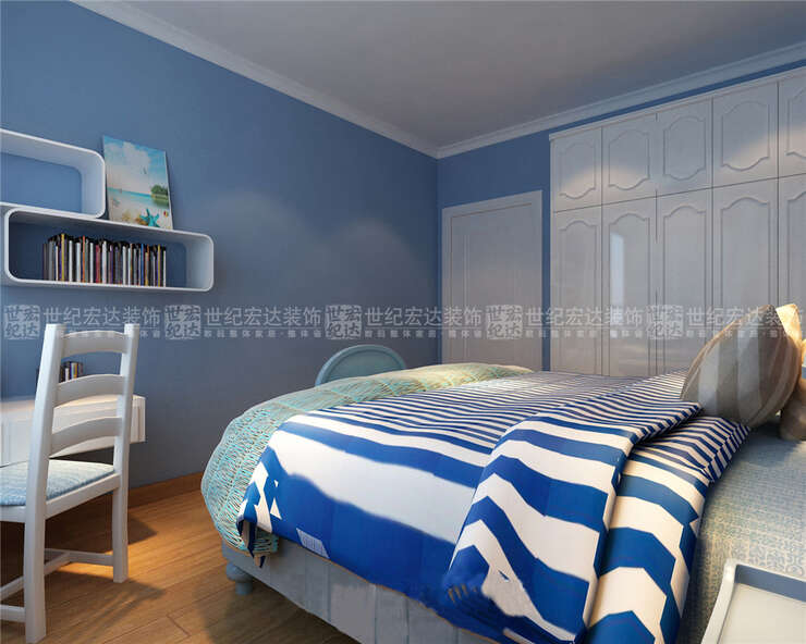次卧室为男孩儿童房，墙面以蓝色为主，地面实木复合地板