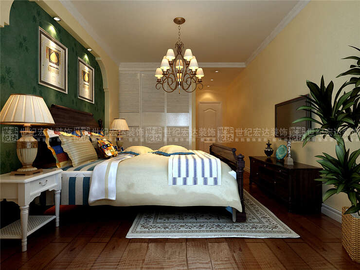 卧室背景墙运用绿色壁纸，其他墙面刷米黄色乳胶漆，地面实木复合地板。