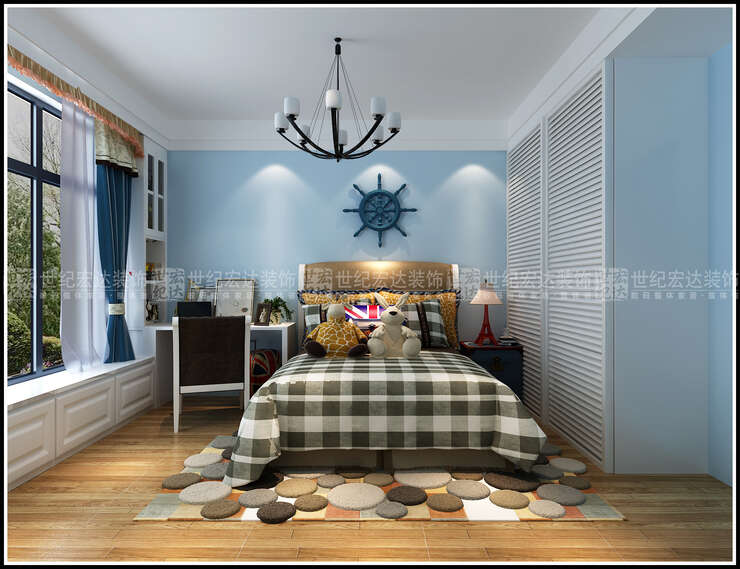 房间颜色以蓝色航海为主题增强孩子的冒险精神。