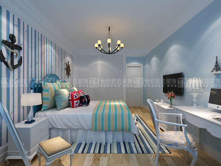 儿童房采用了海军蓝色调，使空间充满对童话故事的幻想，更加活泼。