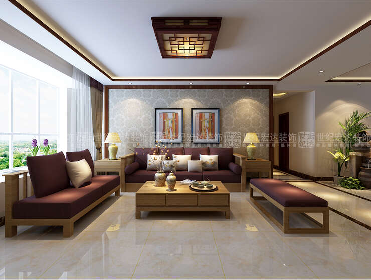 布艺沙发与木质相结合，高级灰紫色的沙发坐垫，为空间平添了几分柔情。