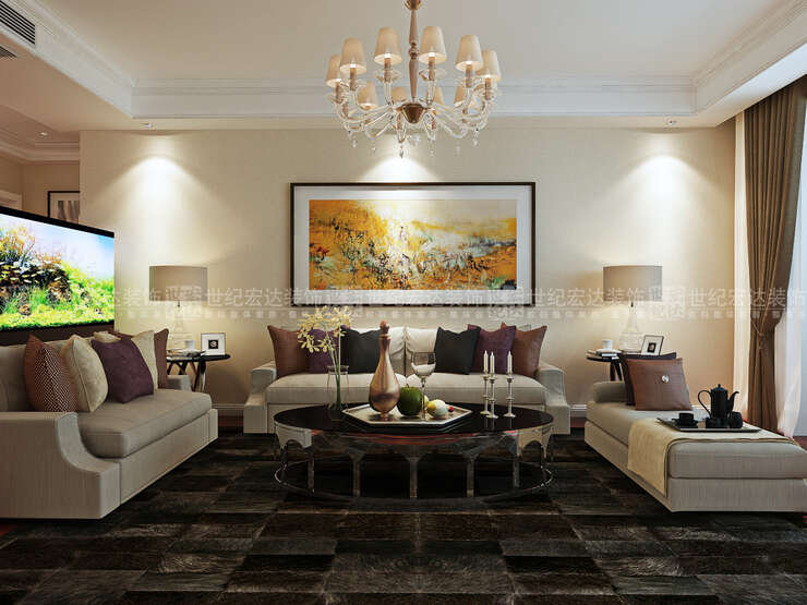 沙发背景墙采用没有做造型，而是以油画点缀，使整个空间生动，灯光的点缀，再配以灰色简洁的沙发，深色的地毯，整个空间现代感十足。