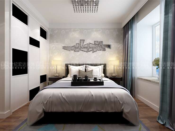 05.主卧室造型简约，床头背景墙采用了简约图案的壁纸装饰，黑白灰的搭配使整个空间色彩层次分明。
