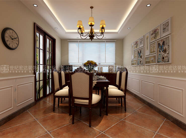 走廊的区域，通过吊顶和地面瓷砖的变化和划分，使客餐厅空间区域更加明确。