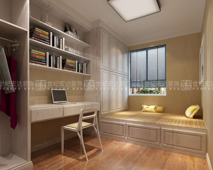 书房兼卧室，木纹更接近自然，整个空间实用性强。