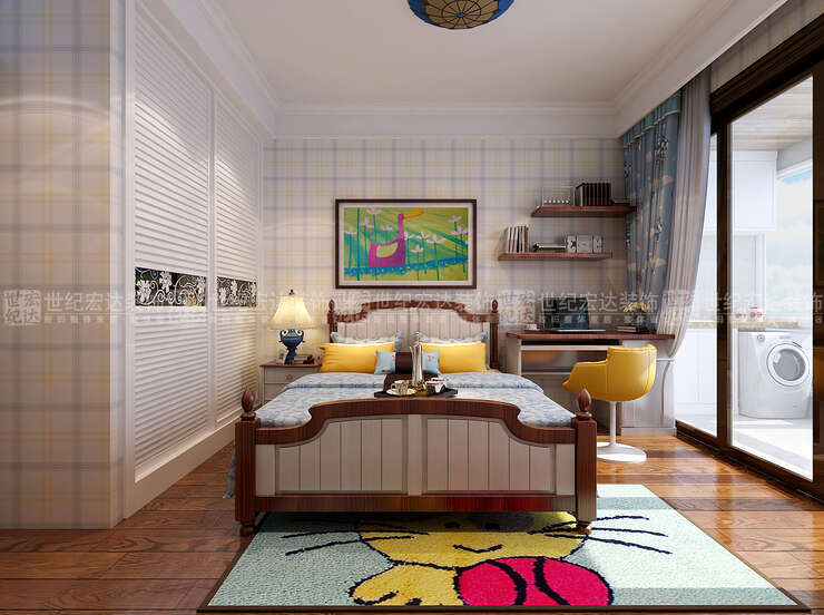 这个房间是典型的儿童房，进入房间最惹眼的是一张色彩鲜明的卡通地毯 充分迎合小孩的天性，房间中间一张可爱卡通的床也让人仿佛回到了孩童时代，房间里最明亮的设计就是那一扇通透的落地窗充足的光照使房间显得非常