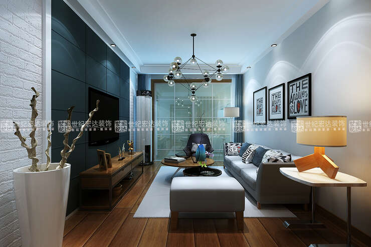 客厅布艺沙发，影视墙石膏留缝造型，简洁，深色再整个空间有张力。
