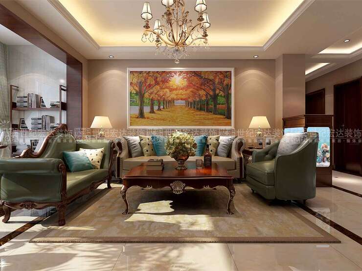 沙发背景墙抛弃了复杂的造型，采用了温馨色调的乳胶漆打底，装饰一副阳光灿烂的油画给客厅空间增添了生机活力。     客厅整体效果，色彩协调统一，设计感强。