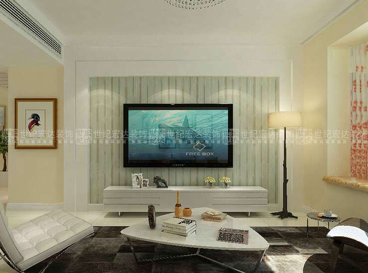 整个客厅电视背景墙面、沙发墙面，采用统一材质进行对称处理，让空间显得比较平稳，电视背景墙面采用简单的线条处理，让利用空间变得更大，顶面划分空间，采用和餐厅一样的材质进行处理，让空间即统一，有不会太空旷