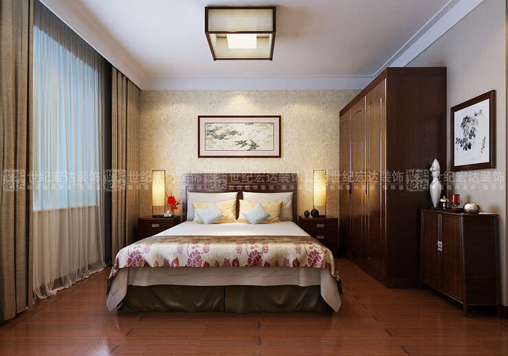 卧室以实木成品家具为主，端庄大方。床头用了暖色壁纸不清冷