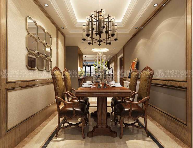 餐厅选用了一般欧式常见的餐桌，还对餐厅墙做了一些修饰，加了一副镜子，让吃饭更有品位，右侧的地柜照顾到了客户方便需求，真正的带来了设计为舒适的理念，（世纪宏达设计师—帅露）