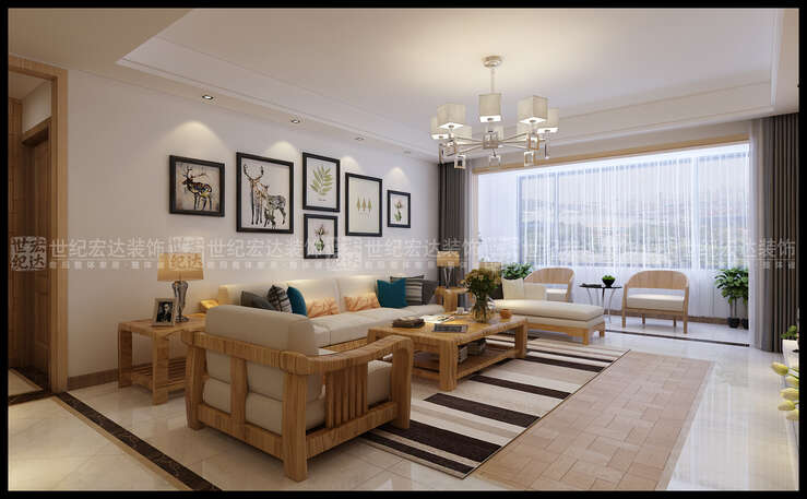 1、客厅简洁的直线石膏板吊顶，运用浅色的墙壁搭造大气视觉空间，白色在室内装修中属于“万能色”，便于与各种色调搭配，同样其作为主色调也能够带来一种“极简主义”的现代风格。