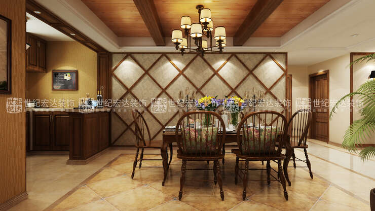 餐厅部分尊重原结构的基础上进行局部小改动，典型的古典美式造型配以暖色调壁纸，韵味十足 (2)