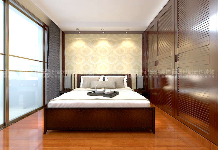 主卧室床头造型运用了壁纸，使卧室简单大方.