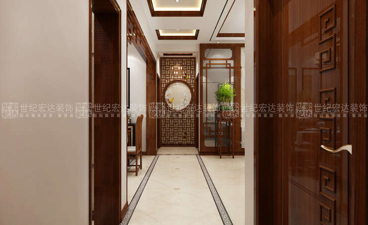 走廊主要是采用地面瓷砖拼花与顶面呼应，使地面的动感与顶面的稳重形成鲜明的对比