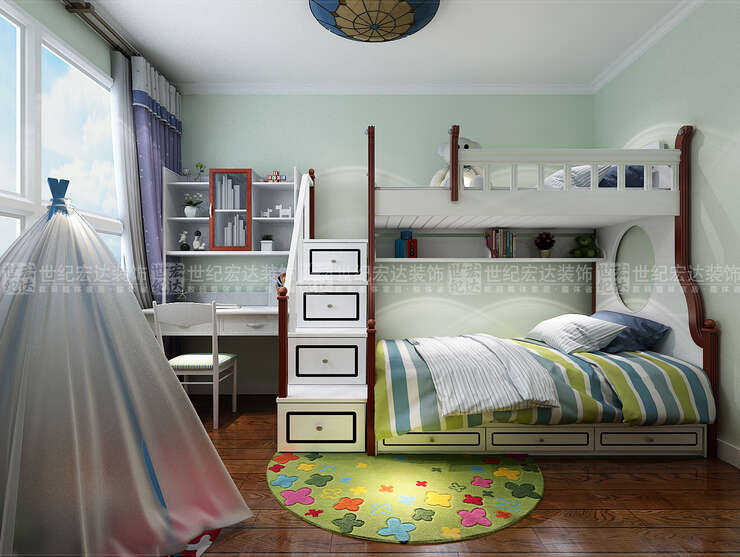 儿童房满足基本的功能需求，蓝绿色调的空间让氛围看起来更清爽。