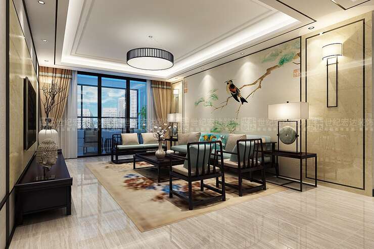客厅在色彩方面秉承了现代装饰风格风格简洁和明快，不同的是家具颜色的厚重让       整个空间看上去更加沉稳内敛，是对新中式风格更好的诠释。