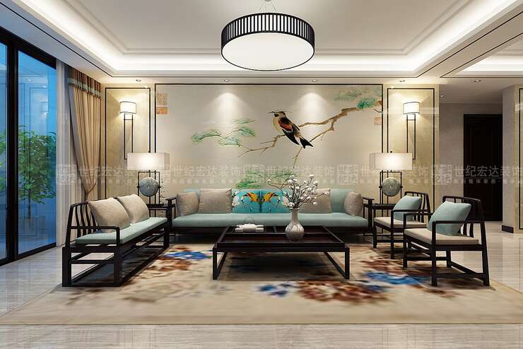 沙发墙采用的壁画，让整个空间充满空山鸟语的意境。