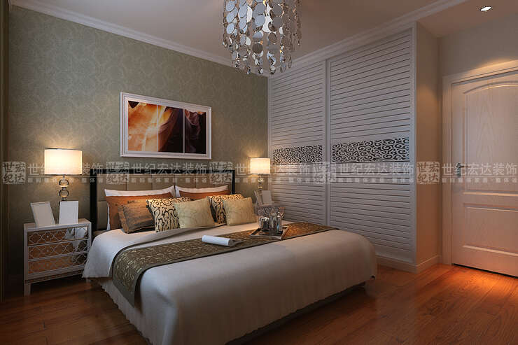 主卧室造型简约，床头背景墙采用一副现代装饰画来进行点缀装饰，简单时尚。