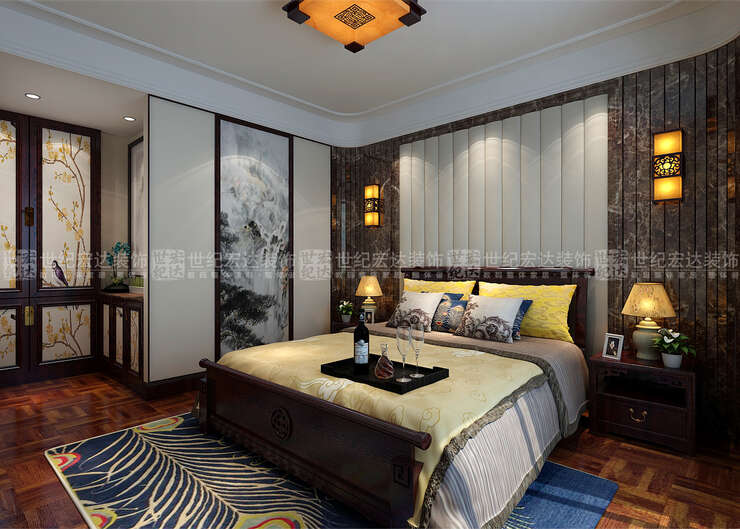 次卧室也是中式风格，柜门采用中式花鸟画来装扮，床头背景墙采用大理石和软包来装饰也很不错。