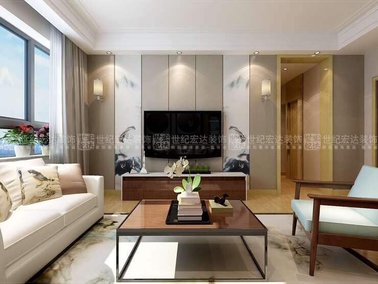 客厅影视墙采用硬包的做法，简单环保，低调不失内涵，配合新中式的家具，整体氛围呈现而出。