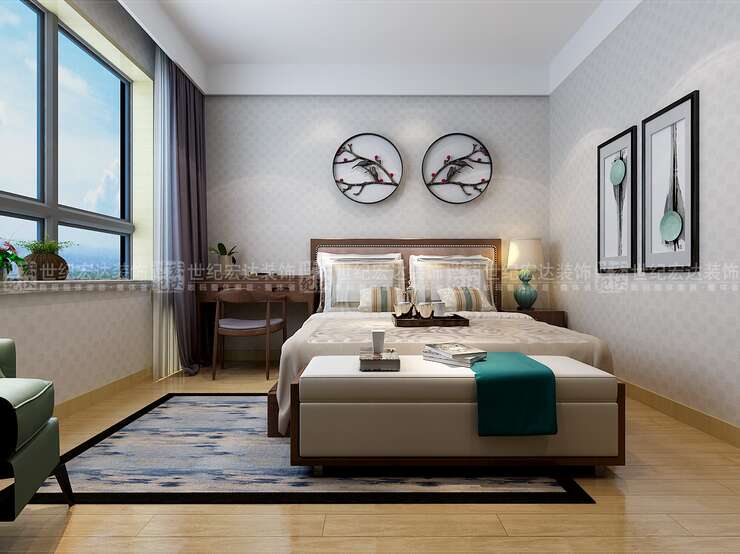 主卧室造型简约，床头背景墙放了一副中式画做为点缀，配合实木家具，简单时尚